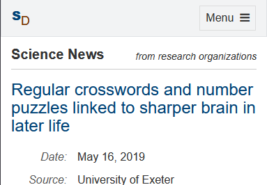 ScienceDaily News: researchers calculate people who engage in word puzzles have brain function equivalent to ten years younger than their age